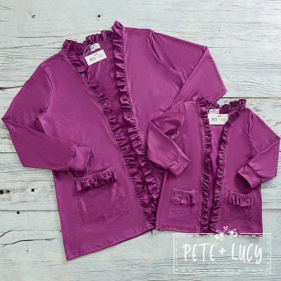ALL THINGS SOLID: RUFFLED CARDIGANS KID in Dusted Grape