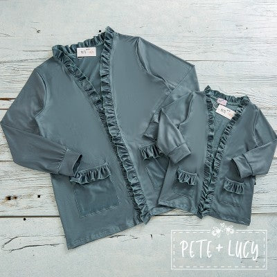 ALL THINGS SOLID: RUFFLED CARDIGANS KID in Sage Leaf